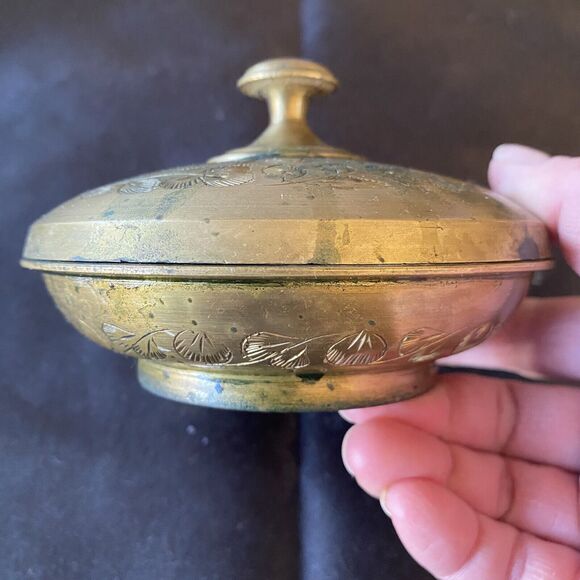 Vintage Solid Brass Etched Floral Design Lidded Bowl. Altar. Decor. India. - Picture 1 of 8